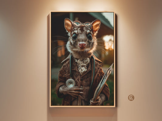 This artwork showcases a charming possum doctor in sepia tones. The surreal animal portrait features a possum wearing glasses and a coat. He is holding medical instruments. This fantasy creature art would enhance any office or study with its eclectic and vintage style. It’s a unique gift for animal lovers.