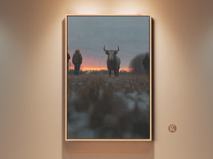 Rustic bull canvas artwork print. This farmhouse sunset landscape wall decor features orange red and gray tones. It's a perfect bedroom art piece and a thoughtful gift for farm lovers. The bull stands majestically against a vibrant sunset. This art adds rural charm to any space