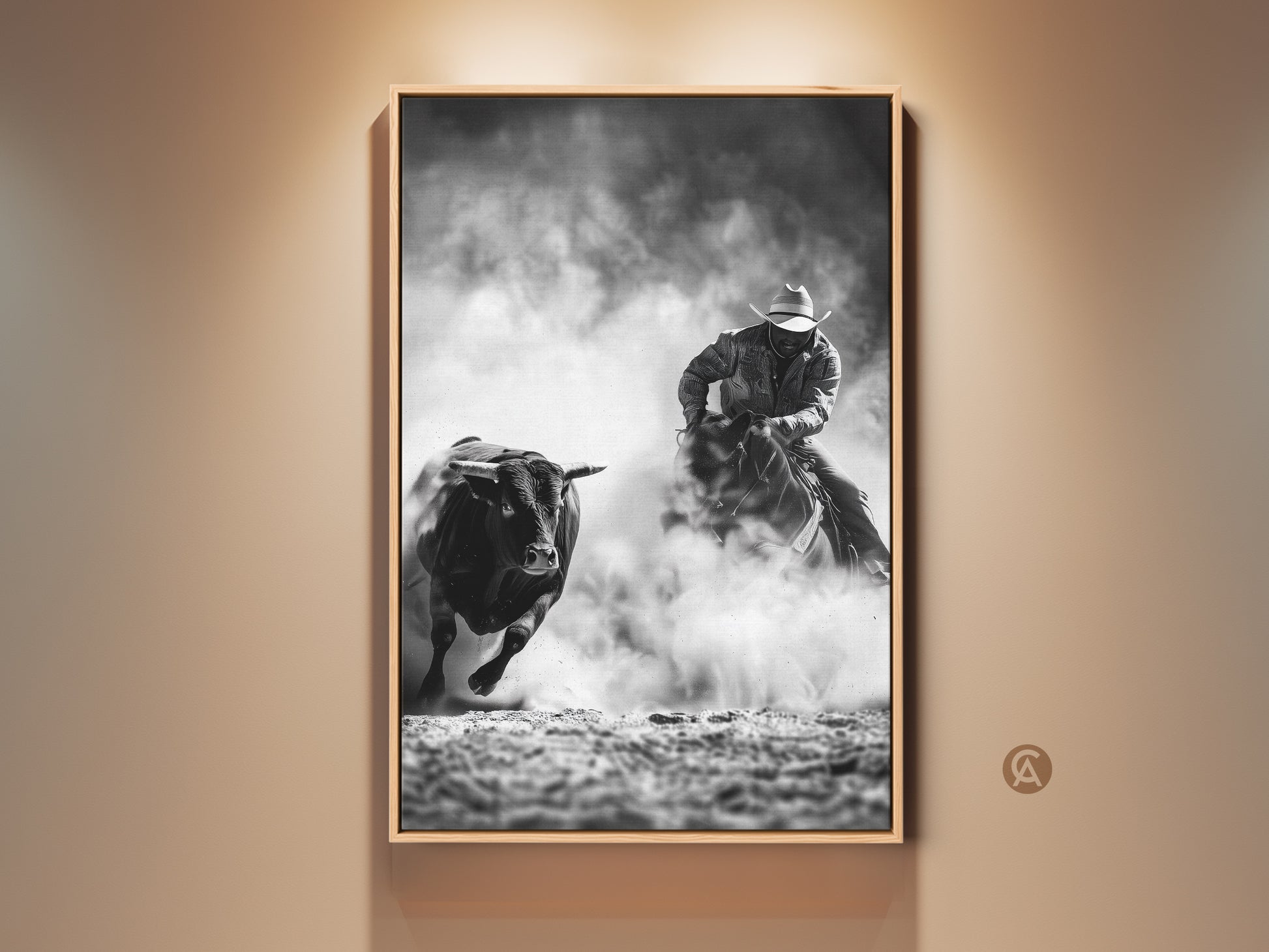 Monochrome Cowboy Art Print shows a Western bull riding scene. This grayscale rodeo wall art is perfect man cave decor. It makes a rustic home gift. This piece captures the thrilling action of bull riding. It brings cowboy spirit to your space.