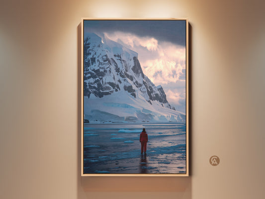 Antarctic canvas print featuring a lone explorer in a red suit. The wall art showcases snowy mountains and icy waters. Modern ice blue home decor brings the grandeur of nature indoors perfect for bedroom or office spaces.
