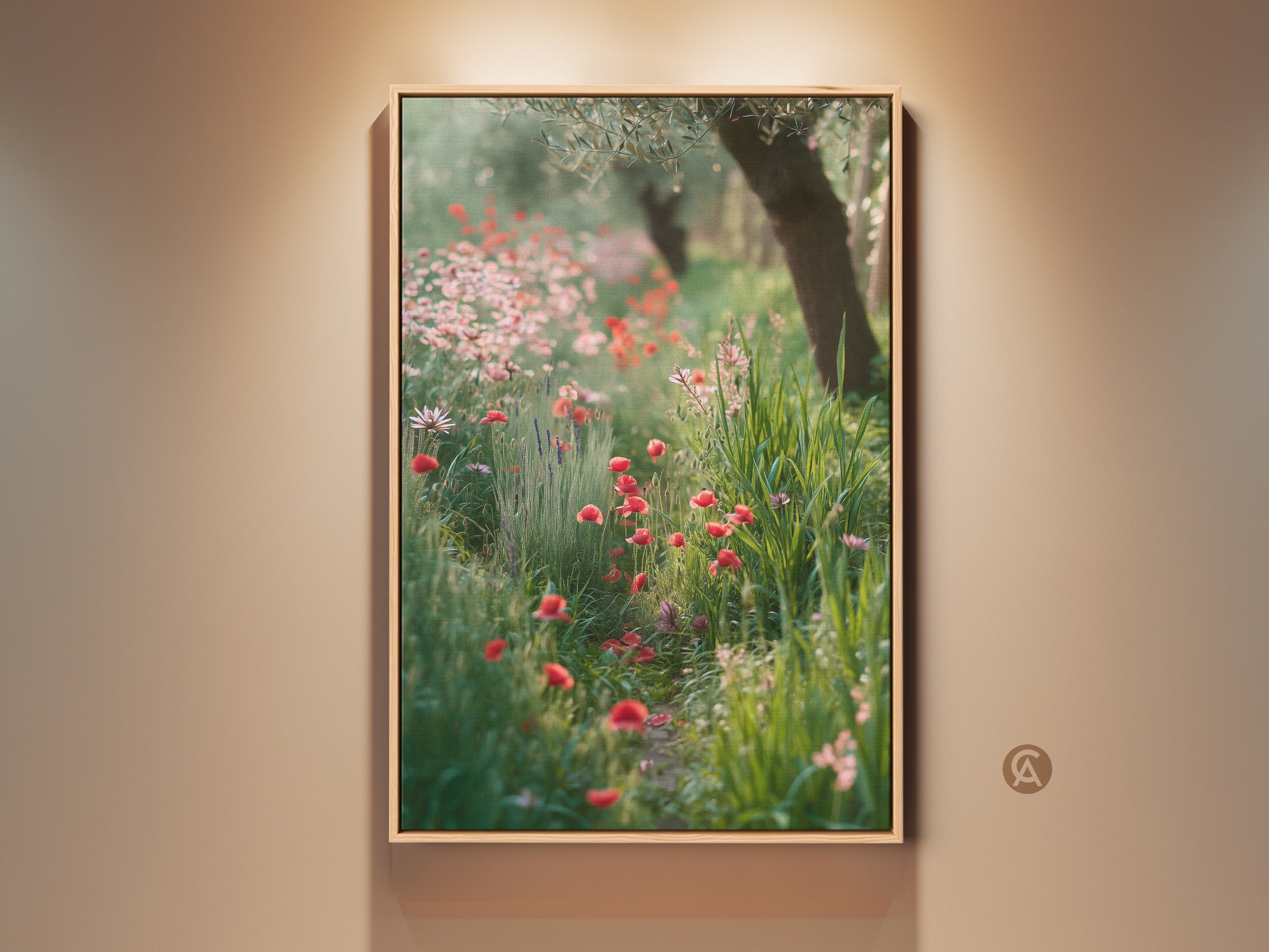 Botanical Garden canvas print features red poppy art. Impressionistic wildflower artwork adds a boho home accent. Perfect nature lover gift. Floral wall decor brings rustic garden art. Country style wall art evokes a peaceful nature print. Artistic flower canvas with vibrant poppy artwork.