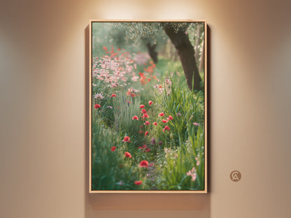 Botanical Garden canvas print features red poppy art. Impressionistic wildflower artwork adds a boho home accent. Perfect nature lover gift. Floral wall decor brings rustic garden art. Country style wall art evokes a peaceful nature print. Artistic flower canvas with vibrant poppy artwork.
