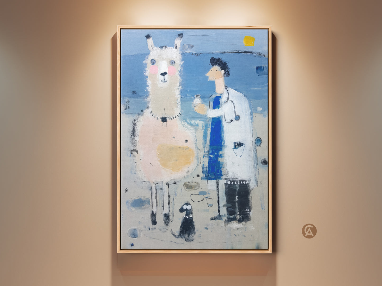 Framed Whimsical Llama Doctor art is on display. This surreal animal artwork features a charming llama with a doctor. It is a light blue and white canvas art that will fit right into an eclectic bedroom. It is a unique gift for any animal lover.
