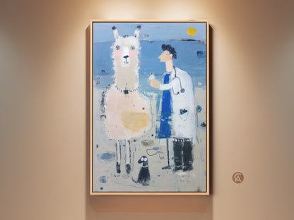Framed Whimsical Llama Doctor art is on display. This surreal animal artwork features a charming llama with a doctor. It is a light blue and white canvas art that will fit right into an eclectic bedroom. It is a unique gift for any animal lover.
