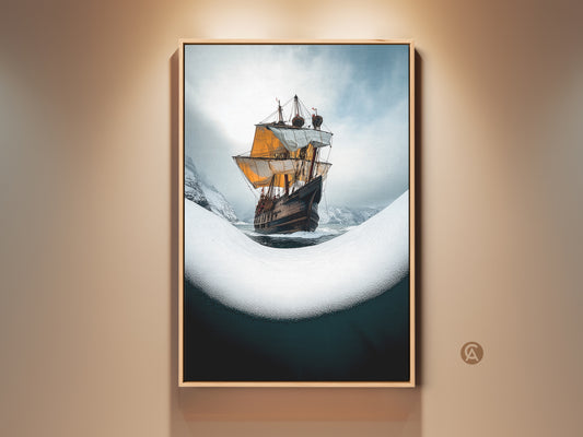 Vintage galleon ship canvas art displayed in a room setting. This nautical ship wall art features a sailing boat print decor. It makes maritime exploration art for a study room wall. Perfect home office artwork. A thoughtful travel gift for him. Also a unique housewarming present.