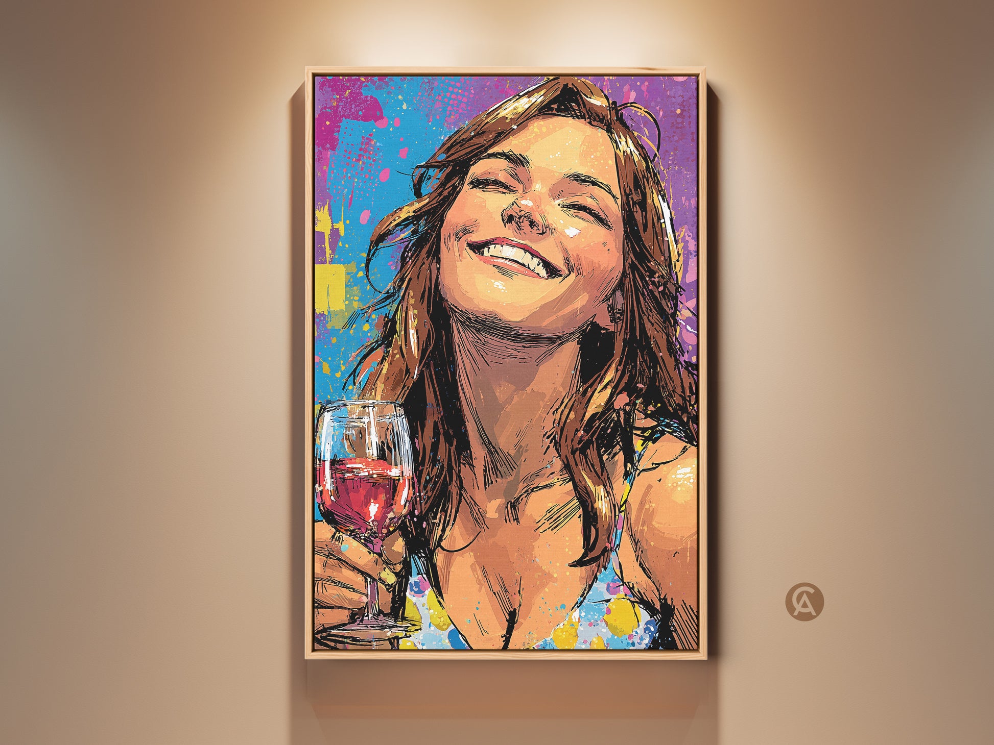 Framed abstract graffiti artwork featuring a woman enjoying wine. This pop art style canvas print showcases teal yellow and purple hues. A perfect eclectic wall art for bar or home decor. The artwork adds a vibrant artistic expression to any space. This is ideal for wine lovers seeking unique decor.