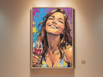 Framed abstract graffiti artwork featuring a woman enjoying wine. This pop art style canvas print showcases teal yellow and purple hues. A perfect eclectic wall art for bar or home decor. The artwork adds a vibrant artistic expression to any space. This is ideal for wine lovers seeking unique decor.