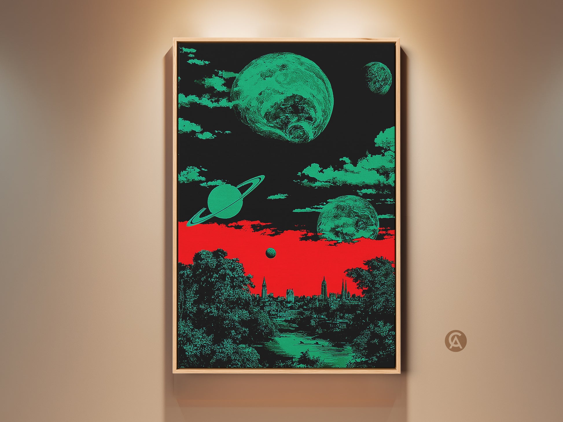 Framed retro futurism artwork showcasing a surreal space cityscape. Planets and Saturn are visible above a detailed cityscape and nature scene. The color palette features red green and black shades. This eclectic home wall decor is perfect for office and study spaces.