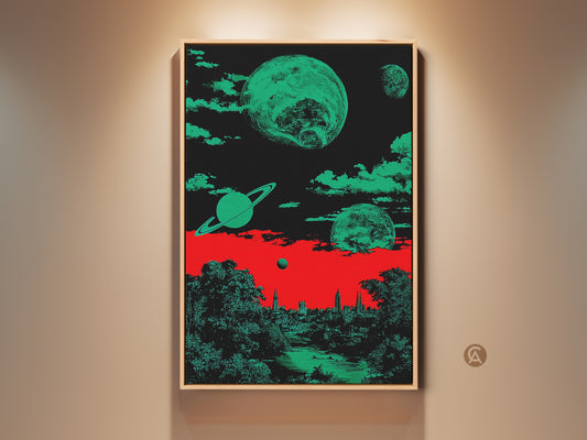Framed retro futurism artwork showcasing a surreal space cityscape. Planets and Saturn are visible above a detailed cityscape and nature scene. The color palette features red green and black shades. This eclectic home wall decor is perfect for office and study spaces.