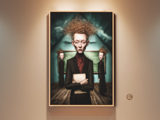 Surrealist portrait art print features a central figure with unique hair. Two smaller figures stand beside a chalkboard. This gothic style wall decor blends teal brown tones. Ideal for eclectic home study or as an office artwork gift.
