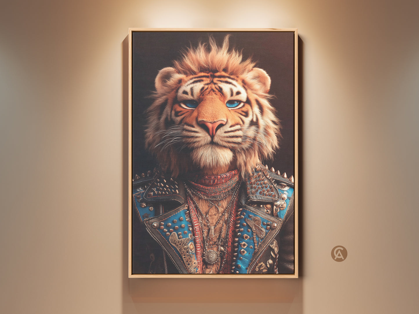 Eye-level view of a framed canvas. The art features a tiger rockstar. It is a bold eclectic statement piece. The tiger wears a studded blue leather jacket with layered jewelry. Add a daring focal point to any office or man cave with this edgy home decor.