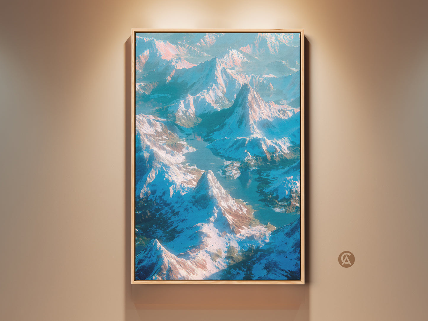 Framed aerial mountain landscape art. The artwork features snow-capped peaks and a serene lake. This fine art print adds natural beauty to any room. The oak frame enhances the vibrant colors. Ready to hang and enjoy.