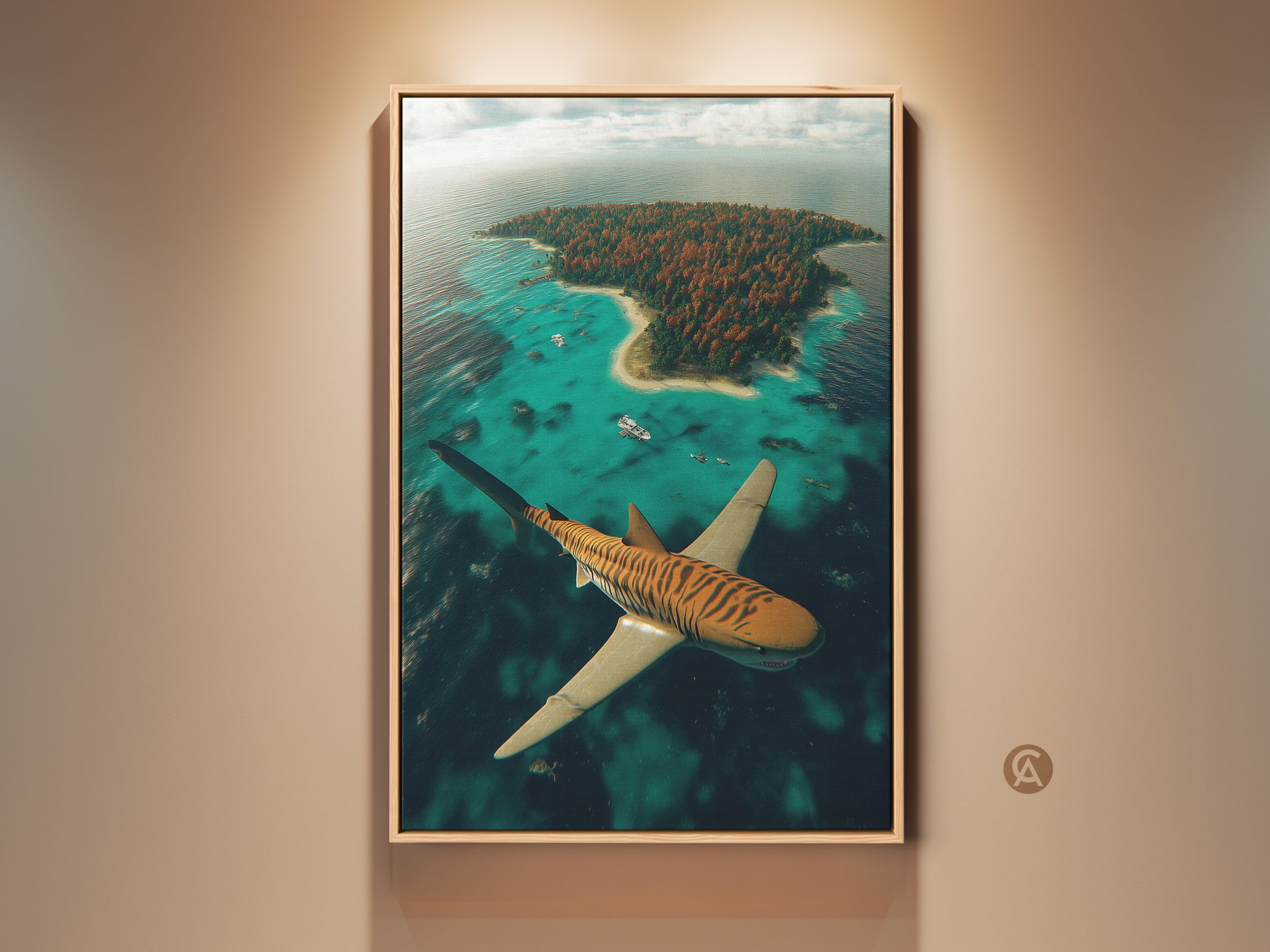 Elevate your space with this surreal tiger shark canvas art print. It features a tropical island aerial view. This artwork adds an eclectic touch to any home decor. It is a unique gift for shark lovers. The canvas art is displayed in a complementary floating frame.
