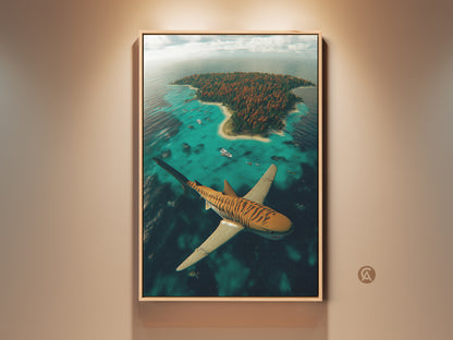 Elevate your space with this surreal tiger shark canvas art print. It features a tropical island aerial view. This artwork adds an eclectic touch to any home decor. It is a unique gift for shark lovers. The canvas art is displayed in a complementary floating frame.