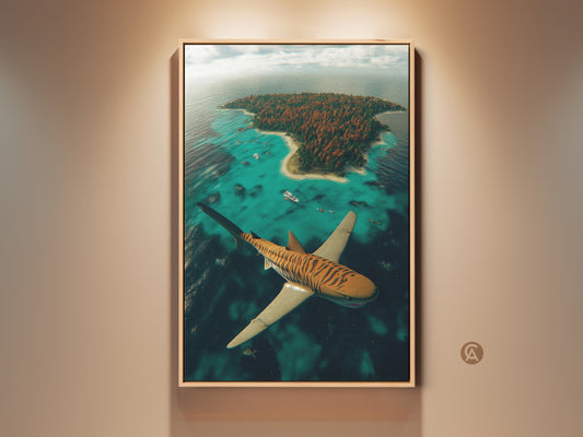 Elevate your space with this surreal tiger shark canvas art print. It features a tropical island aerial view. This artwork adds an eclectic touch to any home decor. It is a unique gift for shark lovers. The canvas art is displayed in a complementary floating frame.