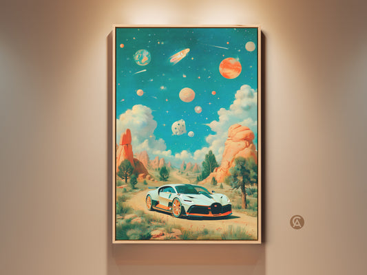 This retro futuristic car art features a sleek sports car driving through a surreal desert landscape. Planets and cosmic wonders fill the sky above. Teal and orange hues create a unique and eye-catching aesthetic. This canvas artwork adds imaginative flair and automotive passion to any space.