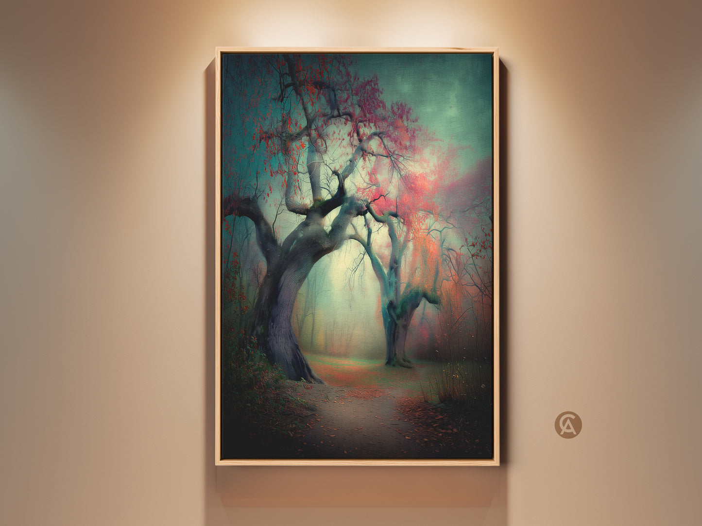Framed art of a misty forest path with red leafed trees. The artwork is displayed hanging on a beige wall. The art evokes a sense of mystery and tranquility. It would look great in any home or office setting.