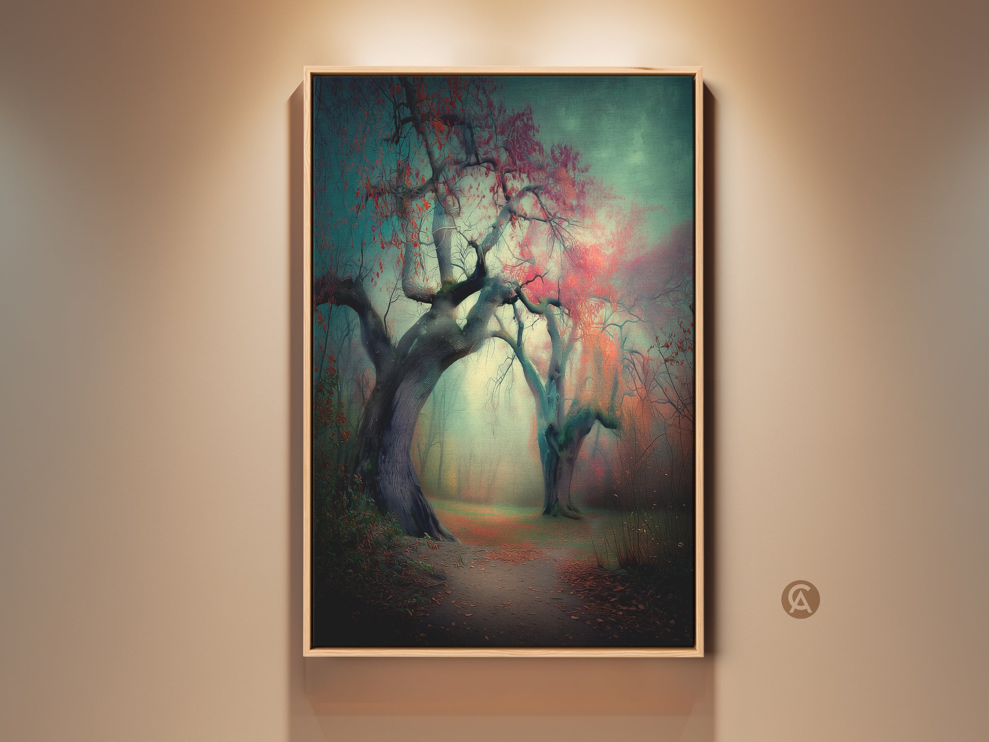 Framed art of a misty forest path with red leafed trees. The artwork is displayed hanging on a beige wall. The art evokes a sense of mystery and tranquility. It would look great in any home or office setting.