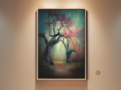 Framed art of a misty forest path with red leafed trees. The artwork is displayed hanging on a beige wall. The art evokes a sense of mystery and tranquility. It would look great in any home or office setting.