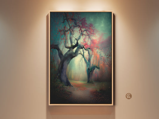 Framed art of a misty forest path with red leafed trees. The artwork is displayed hanging on a beige wall. The art evokes a sense of mystery and tranquility. It would look great in any home or office setting.