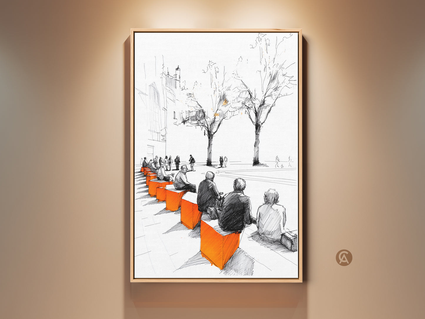 Modern sketch art print showcasing an urban cityscape with people on benches. This fine art print features a minimalist style with black white and orange accents. Perfect wall decor for an entryway offering urban sophistication and timeless appeal in any room.