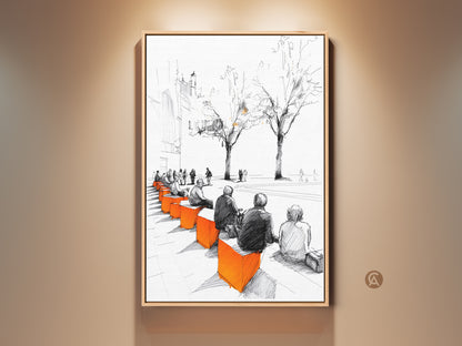 Modern sketch art print showcasing an urban cityscape with people on benches. This fine art print features a minimalist style with black white and orange accents. Perfect wall decor for an entryway offering urban sophistication and timeless appeal in any room.