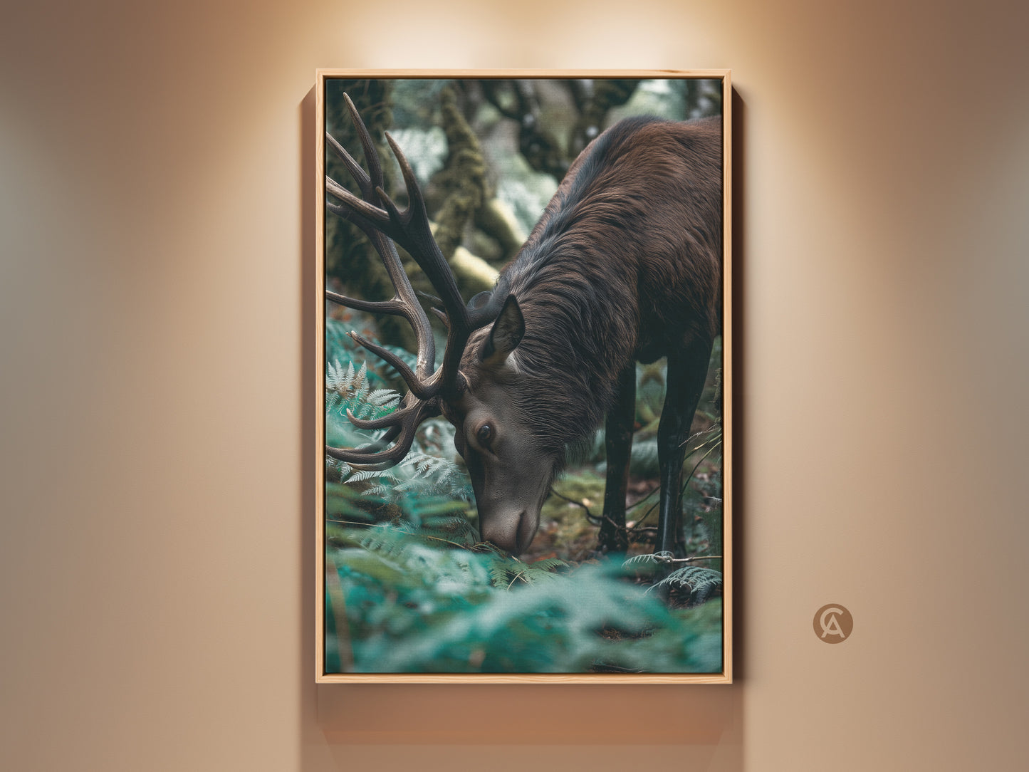 Rustic elk wall art on display. This canvas print showcases a majestic deer in its forest habitat. The photorealistic wildlife artwork is perfect for adding nature decor to your bedroom or as a housewarming gift.