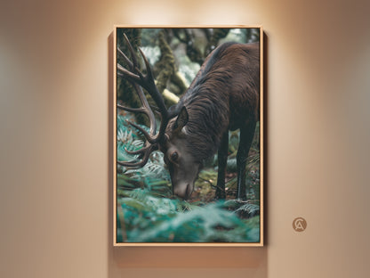 Rustic elk wall art on display. This canvas print showcases a majestic deer in its forest habitat. The photorealistic wildlife artwork is perfect for adding nature decor to your bedroom or as a housewarming gift.