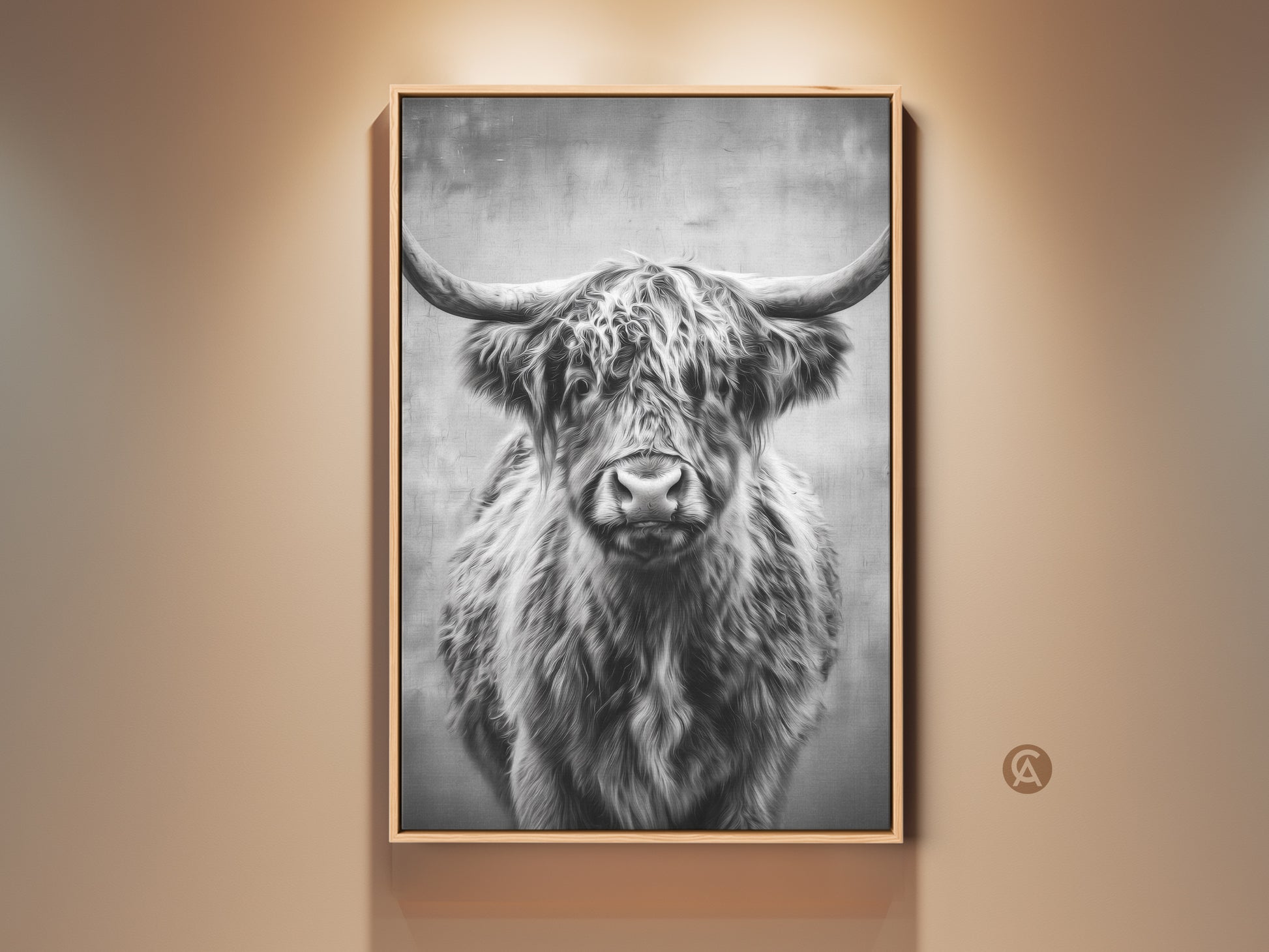 Framed monochrome Highland Cow wall art adds rustic charm. The black and white animal canvas print enhances farmhouse decor. This wildlife artwork is a great gift for cow enthusiasts. The neutral tones complement any space.