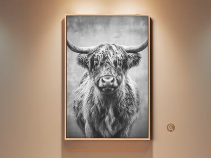 Framed monochrome Highland Cow wall art adds rustic charm. The black and white animal canvas print enhances farmhouse decor. This wildlife artwork is a great gift for cow enthusiasts. The neutral tones complement any space.
