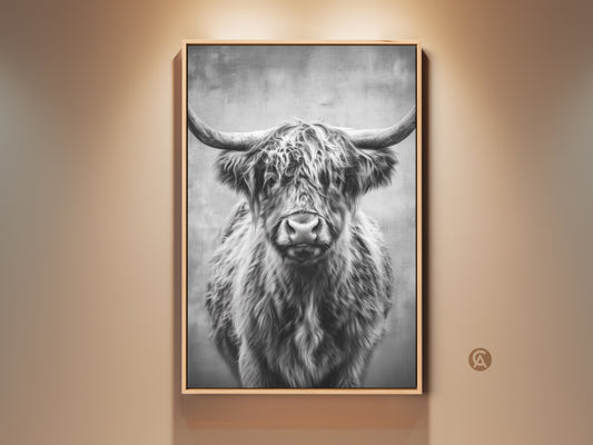 Framed monochrome Highland Cow wall art adds rustic charm. The black and white animal canvas print enhances farmhouse decor. This wildlife artwork is a great gift for cow enthusiasts. The neutral tones complement any space.