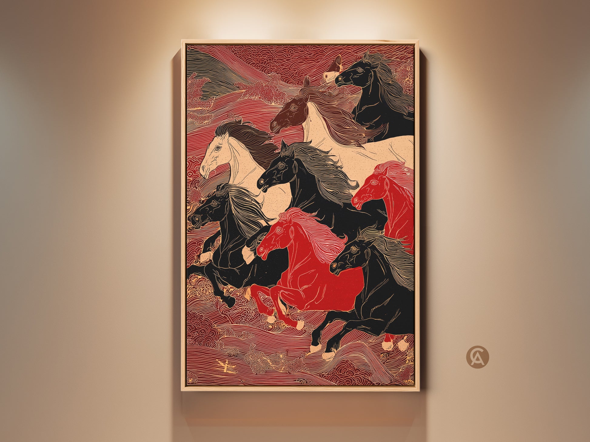 A framed artwork of running horses. The horses are black red and white. This modern artwork is a great addition to any home. The artwork is set against a red background.