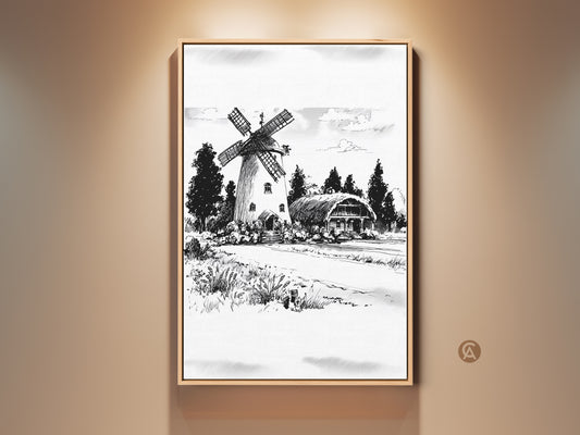 Vintage farmhouse windmill art in a wood frame. This black and white sketch captures a rural landscape. It's perfect wall decor for country homes or a thoughtful housewarming gift. The classic artwork brings rustic charm to any space.