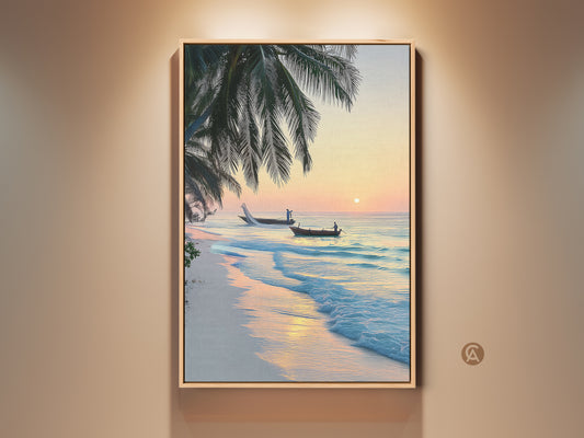 Tropical beach sunrise canvas print featuring a serene ocean view. Palm trees frame the scene with traditional boats and fishermen. Coastal artwork in turquoise orange and peach hues perfect for beach lovers.