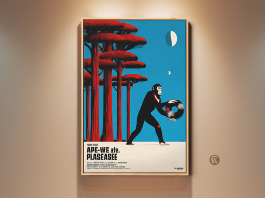 Retro chimpanzee canvas art. This artwork shows an ape holding a vinyl record. The eclectic wall decor features blue red and black colors. It is perfect for a studio or office. A unique animal music art print. A vintage ape artwork for record collectors.