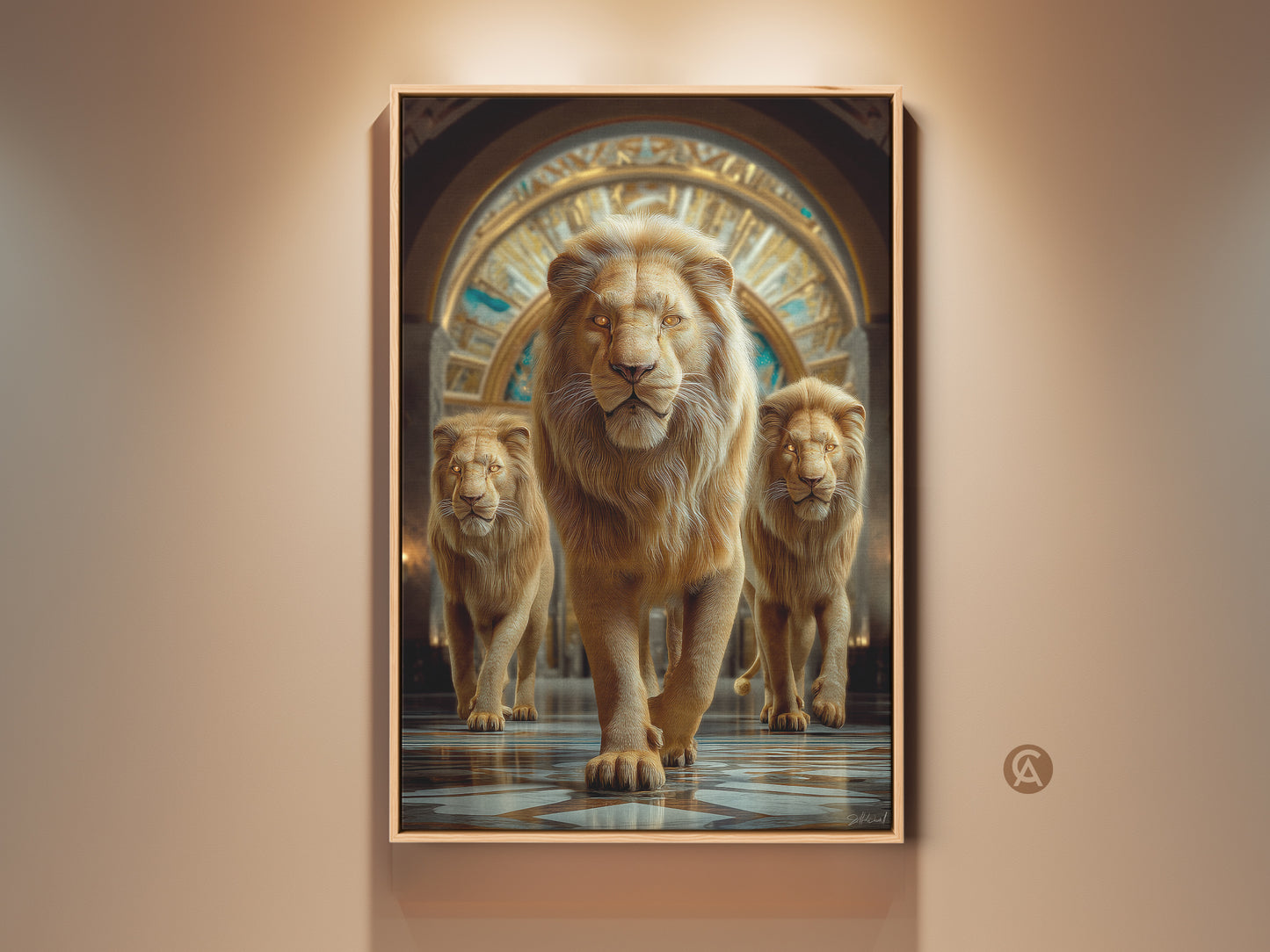 A photorealistic golden lion canvas art print. The amber tone lion king artwork is perfect eclectic home decor. The artwork captures a powerful presence fit for royalty and the wild. It is a captivating piece for your office living room or study.