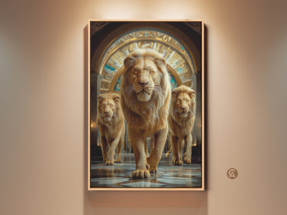 A photorealistic golden lion canvas art print. The amber tone lion king artwork is perfect eclectic home decor. The artwork captures a powerful presence fit for royalty and the wild. It is a captivating piece for your office living room or study.