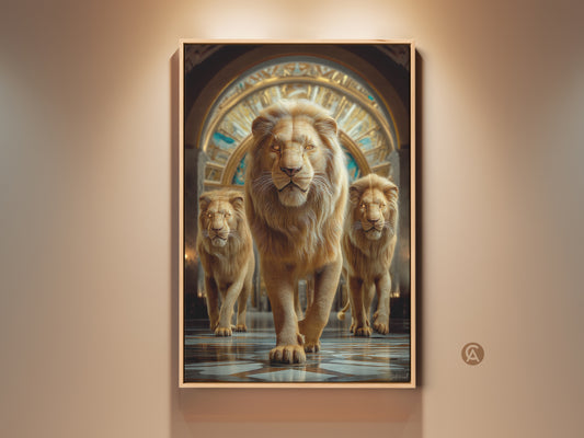 A photorealistic golden lion canvas art print. The amber tone lion king artwork is perfect eclectic home decor. The artwork captures a powerful presence fit for royalty and the wild. It is a captivating piece for your office living room or study.