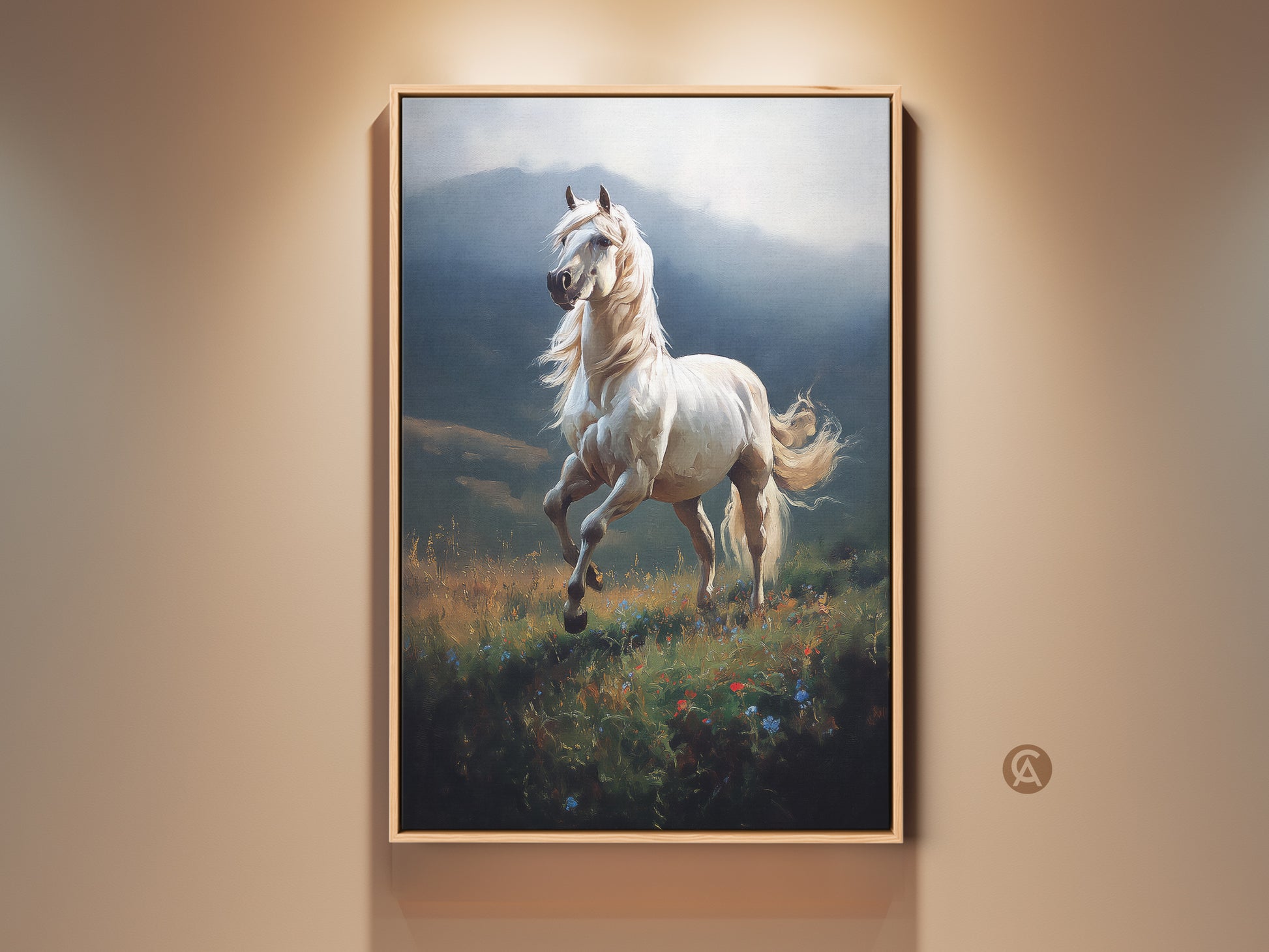 Equestrian white horse canvas art displayed in a room setting. This realistic meadow landscape print captures a majestic animal in motion. Nature wall decor adds elegance to any space. Perfect gift for horse lovers. The artwork features impressionistic touches with blue and green landscape tones.