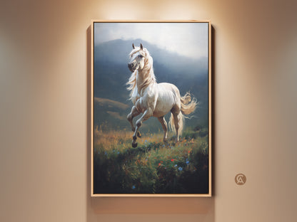 Equestrian white horse canvas art displayed in a room setting. This realistic meadow landscape print captures a majestic animal in motion. Nature wall decor adds elegance to any space. Perfect gift for horse lovers. The artwork features impressionistic touches with blue and green landscape tones.