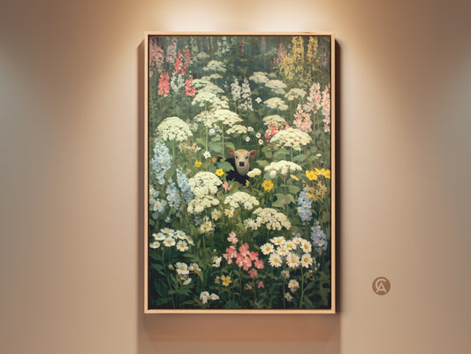 A captivating artwork shows a calf amid a vibrant flower field. The art piece has a vintage style with colorful flowers. This wall art is a unique decor piece for any room. It is perfect for animal and nature lovers.