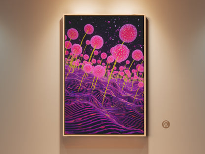 Framed surreal abstract art featuring pink botanical print with purple wavy landscape. This eclectic bedroom art has a sci-fi canvas art. It is a unique home decor gift. The artwork has an otherworldly touch for your home decor.