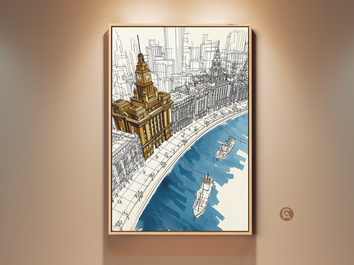 Line art cityscape canvas print featuring golden yellow and deep blue hues. The artwork showcases a clock tower and river boats. This contemporary sketch wall decor is perfect for travel lovers.