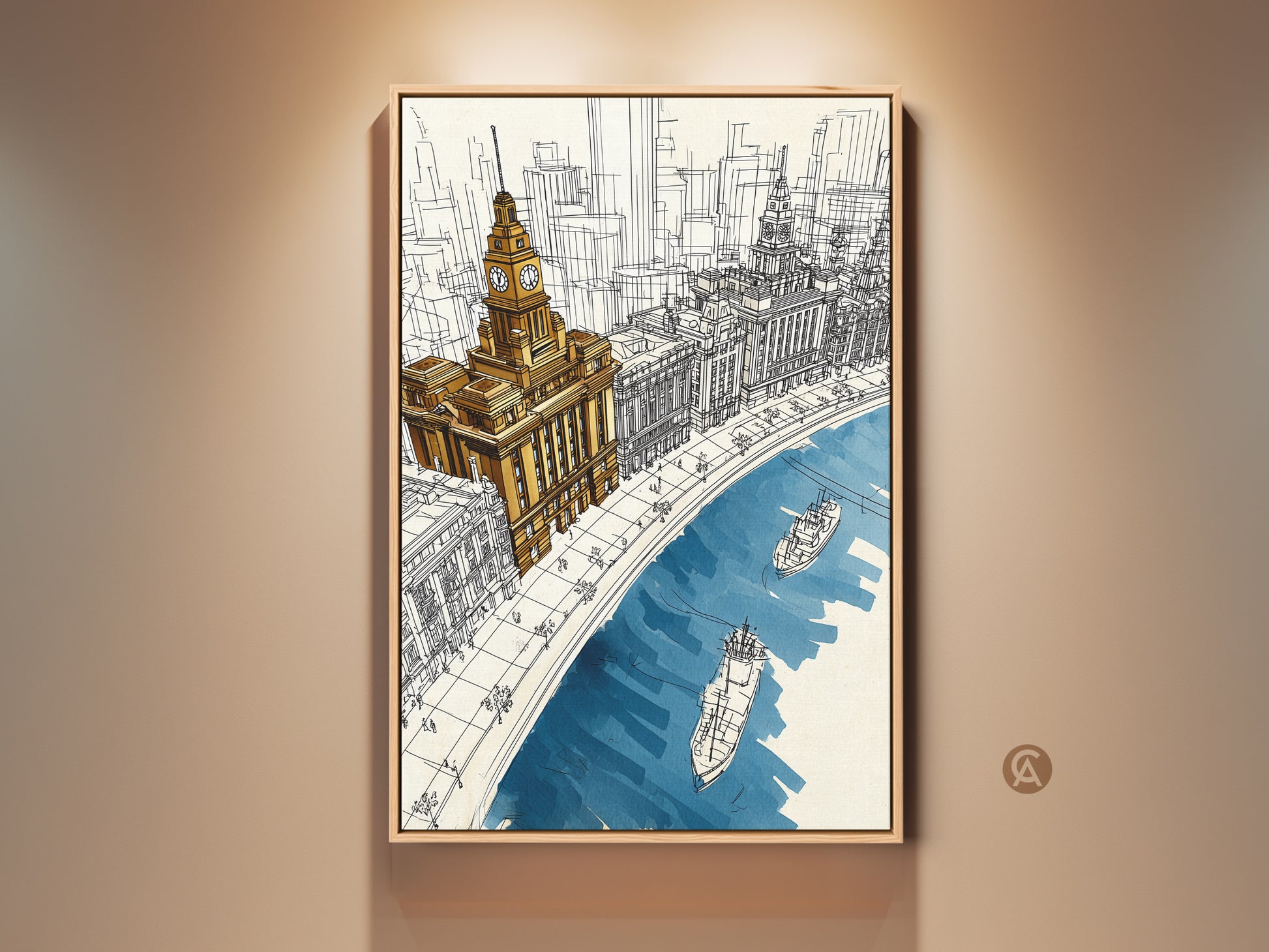 Line art cityscape canvas print featuring golden yellow and deep blue hues. The artwork showcases a clock tower and river boats. This contemporary sketch wall decor is perfect for travel lovers.