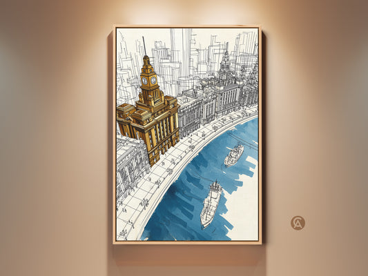 Line art cityscape canvas print featuring golden yellow and deep blue hues. The artwork showcases a clock tower and river boats. This contemporary sketch wall decor is perfect for travel lovers.
