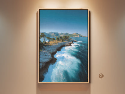 Framed Ocean Cliff Art Print. This coastal landscape wall art features a deep blue sea and pine trees on canvas. A perfect beach lover gift bringing coastal charm to any space.