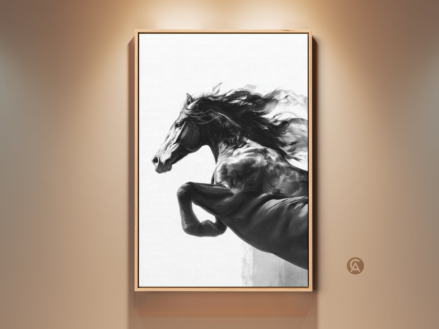Dramatic monochrome horse art print on canvas. A black and white stallion wall decor adds contemporary elegance. Perfect equine art for horse lovers. This artwork creates a powerful focal point in any living room. It is a sophisticated and modern wildlife print.