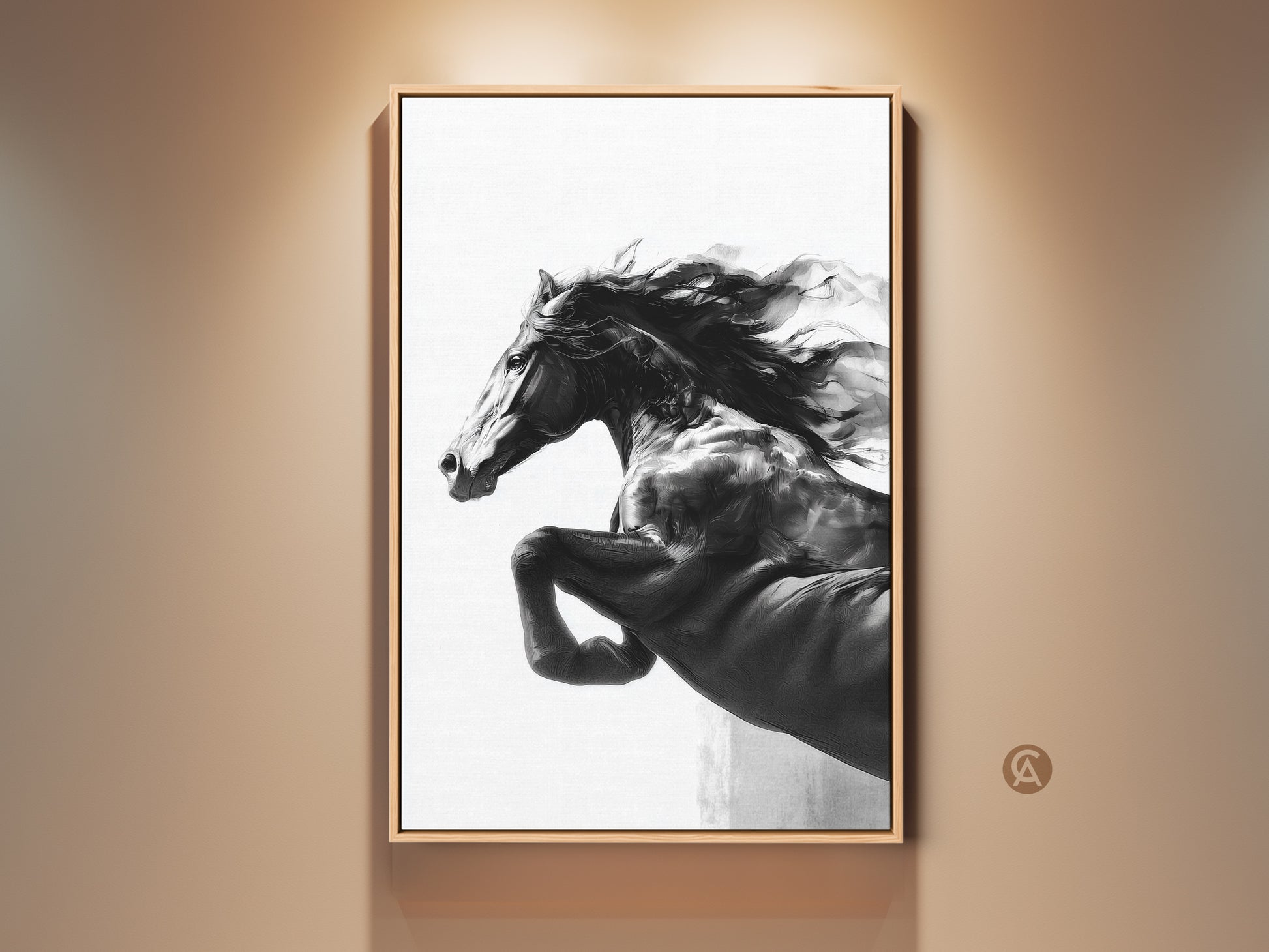 Dramatic monochrome horse art print on canvas. A black and white stallion wall decor adds contemporary elegance. Perfect equine art for horse lovers. This artwork creates a powerful focal point in any living room. It is a sophisticated and modern wildlife print.