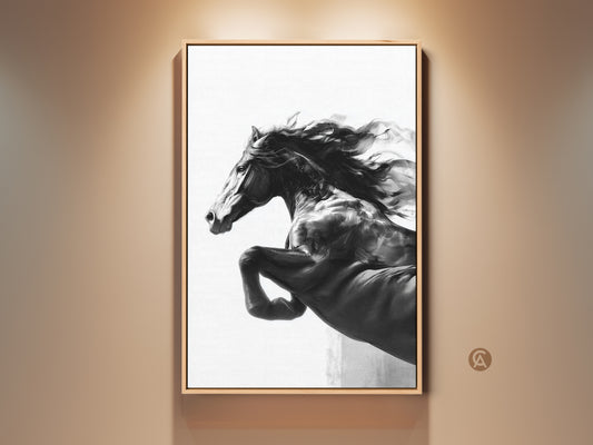 Dramatic monochrome horse art print on canvas. A black and white stallion wall decor adds contemporary elegance. Perfect equine art for horse lovers. This artwork creates a powerful focal point in any living room. It is a sophisticated and modern wildlife print.