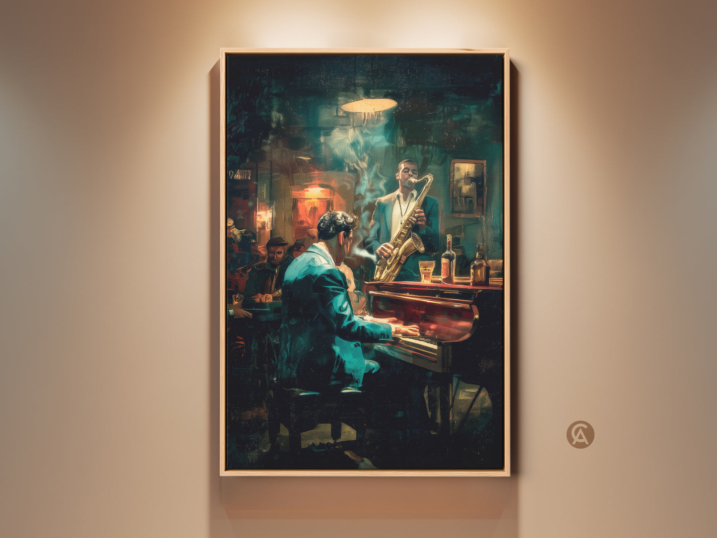 Immerse yourself in the soulful world of jazz with this captivating artwork. A pianist plays with feeling while a saxophonist adds depth. The ambiance of a smoky jazz club is captured in this painting. Perfect for music lovers this piece brings rhythm and mood to any room.
